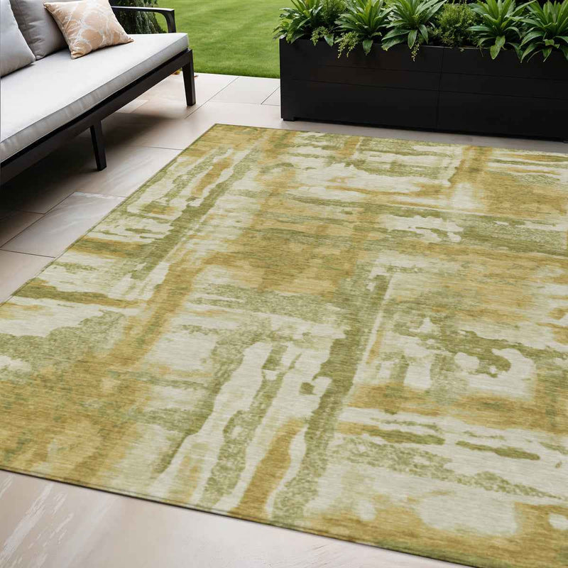 5' X 8' Artichoke Green And Gold Abstract Washable Indoor Outdoor Area Rug