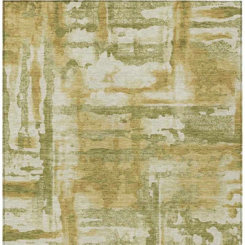 5' X 8' Artichoke Green And Gold Abstract Washable Indoor Outdoor Area Rug