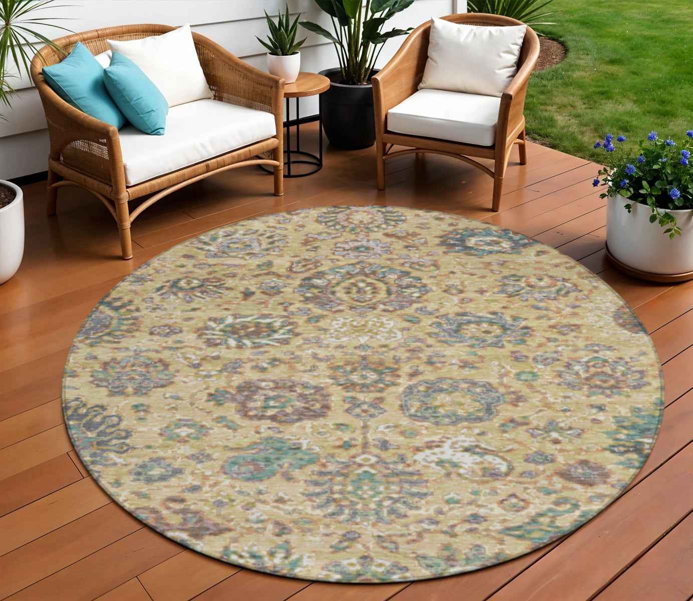 8' Gold Beige And Pale Aqua Round Floral Washable Indoor Outdoor Area Rug