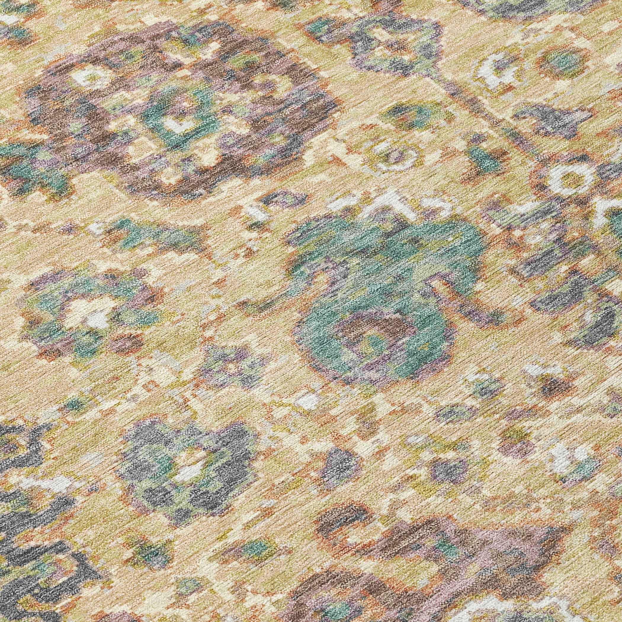 8' Gold Beige And Pale Aqua Round Floral Washable Indoor Outdoor Area Rug