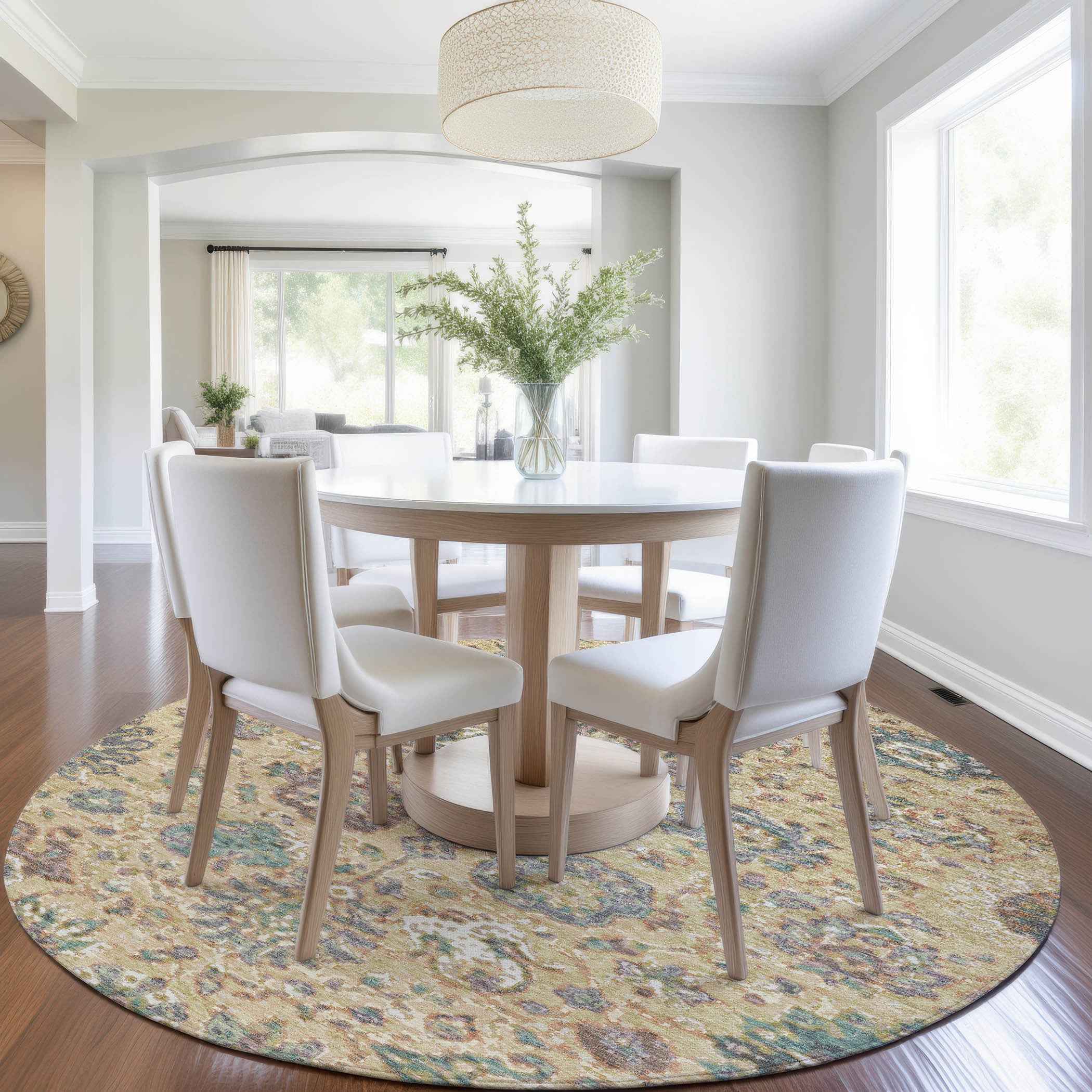 8' Gold Beige And Pale Aqua Round Floral Washable Indoor Outdoor Area Rug