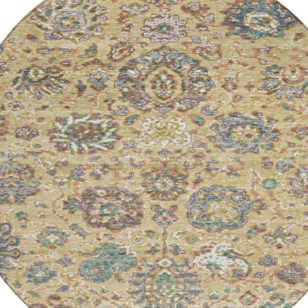 8' Gold Beige And Pale Aqua Round Floral Washable Indoor Outdoor Area Rug