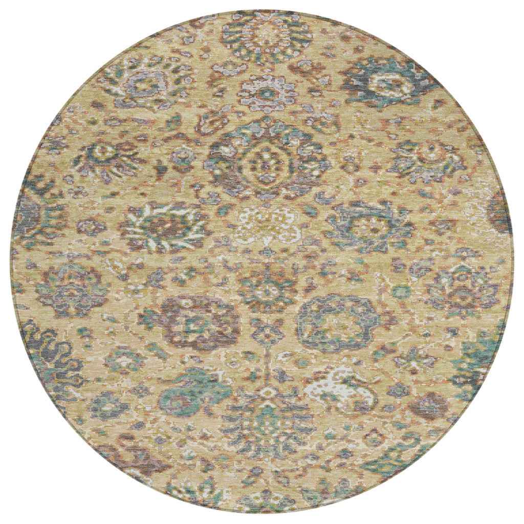 8' Gold Beige And Pale Aqua Round Floral Washable Indoor Outdoor Area Rug