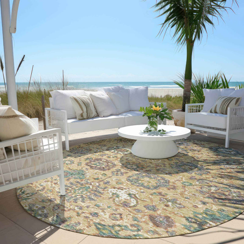 8' Gold Beige And Pale Aqua Round Floral Washable Indoor Outdoor Area Rug