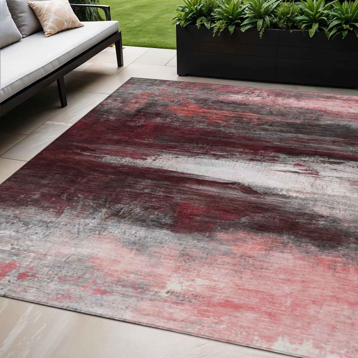 5' X 8' Merlot Charcoal And Ivory Abstract Washable Indoor Outdoor Area Rug
