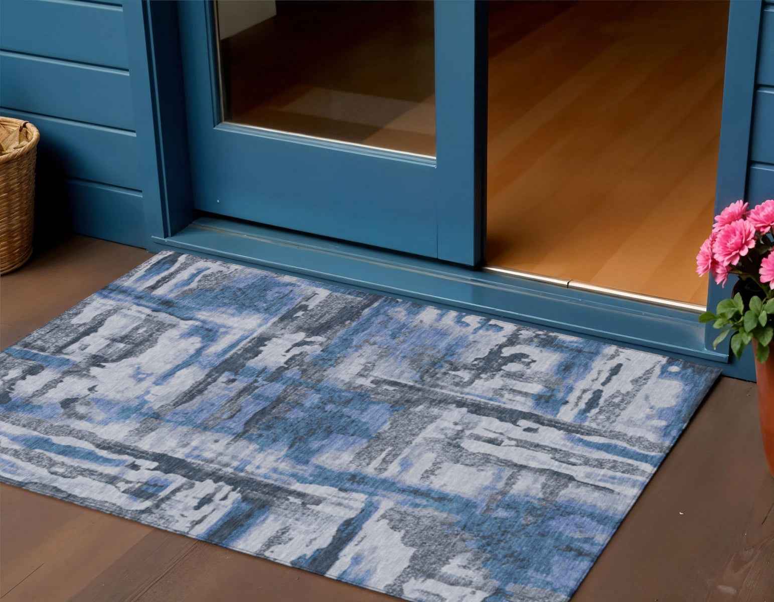 3' X 5' Blue And Gray Abstract Washable Indoor Outdoor Area Rug