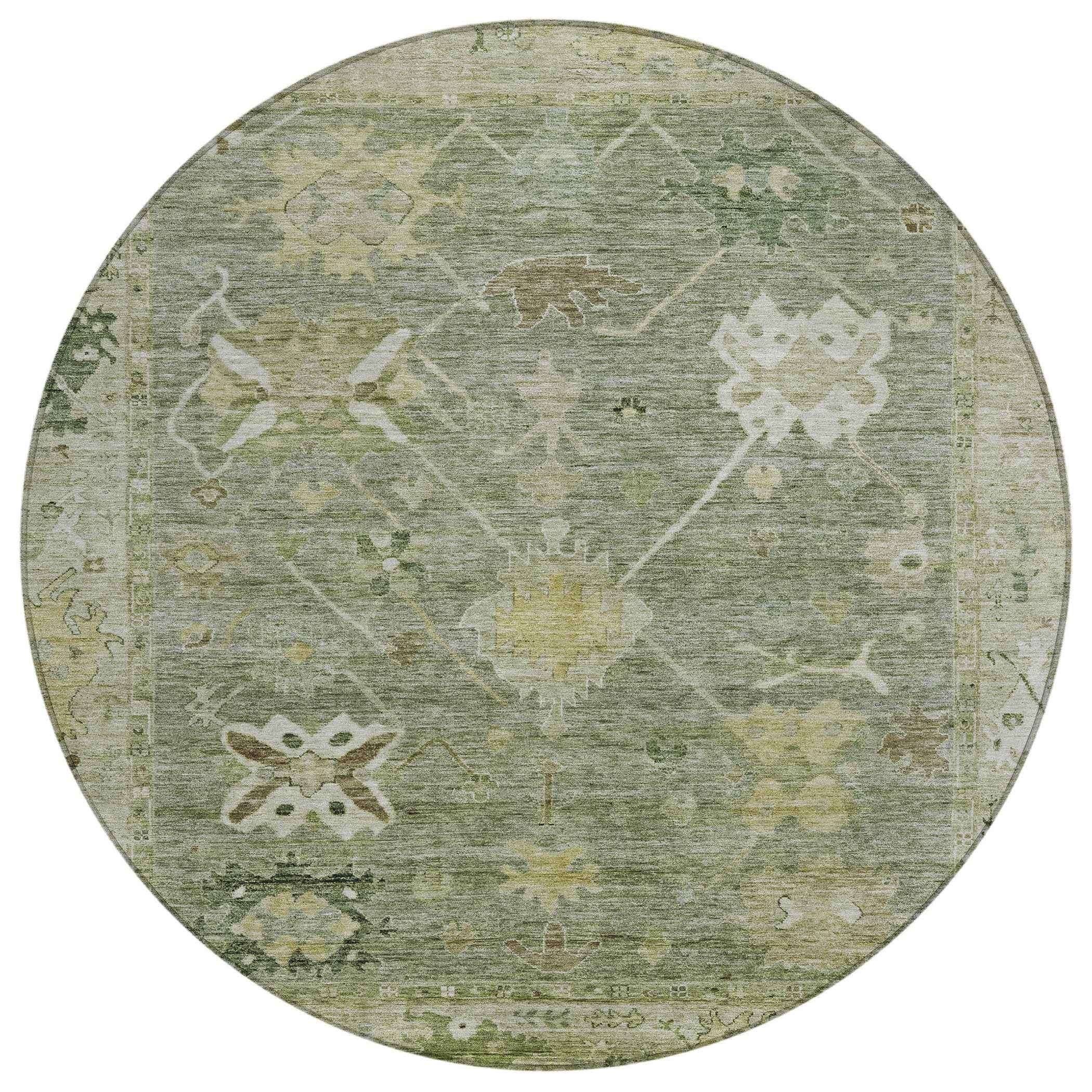 8' Sage And Beige Round Tribal Washable Indoor Outdoor Area Rug
