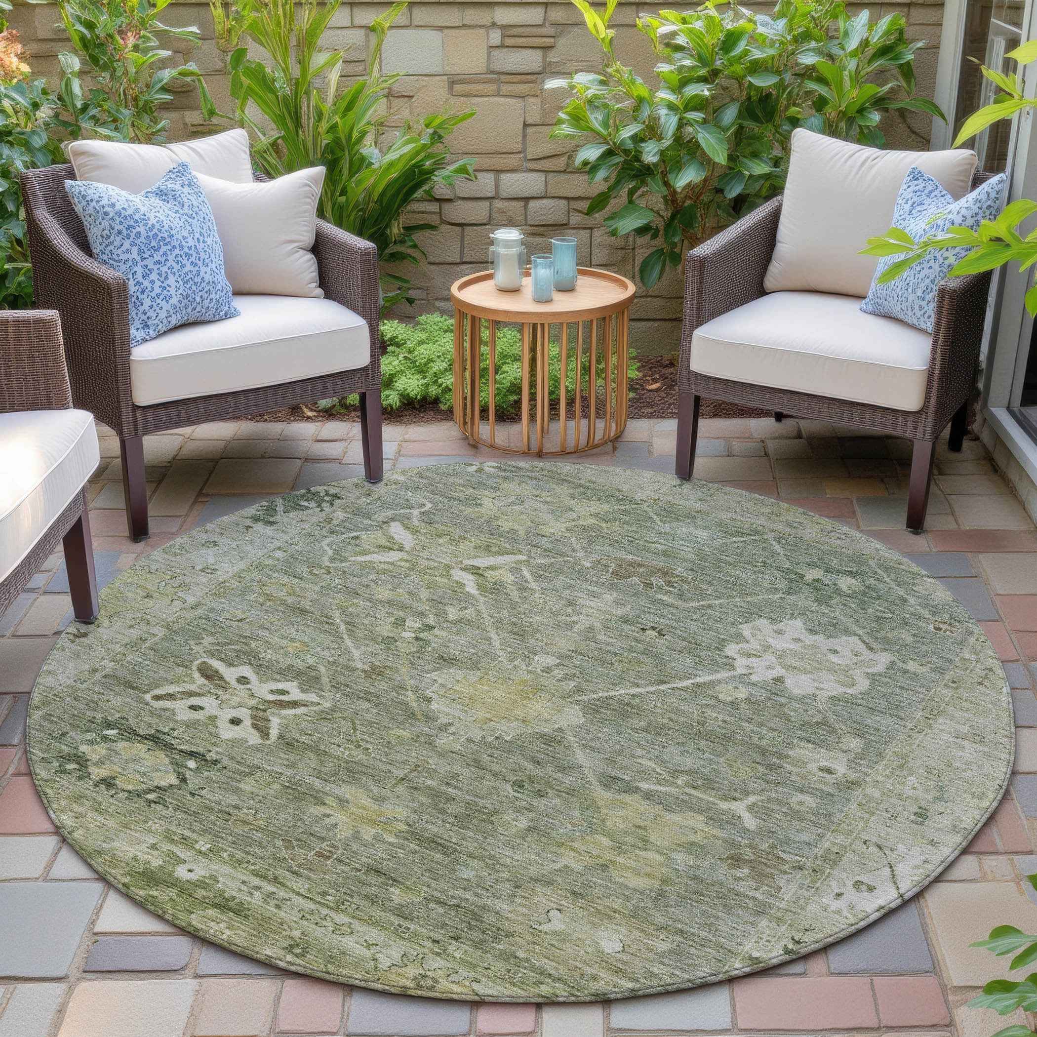 8' Sage And Beige Round Tribal Washable Indoor Outdoor Area Rug