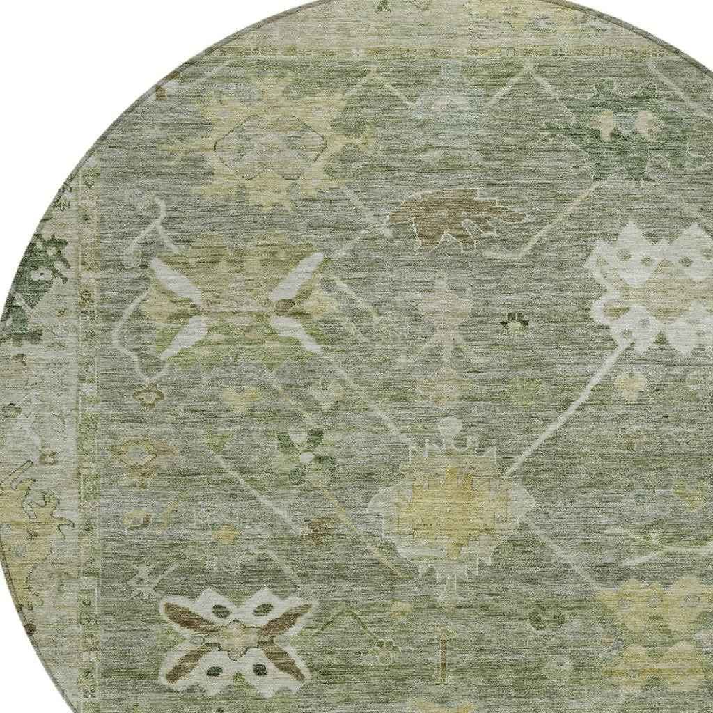8' Sage And Beige Round Tribal Washable Indoor Outdoor Area Rug