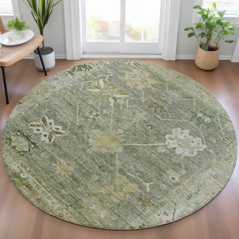 8' Sage And Beige Round Tribal Washable Indoor Outdoor Area Rug