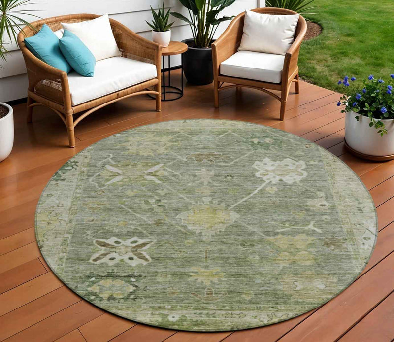 8' Sage And Beige Round Tribal Washable Indoor Outdoor Area Rug