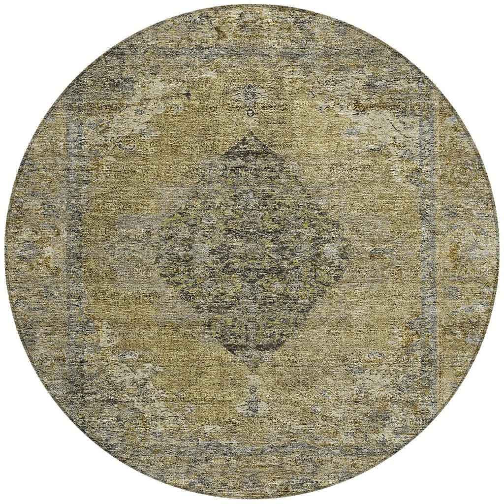 8' Khaki And Beige Round Medallion Washable Indoor Outdoor Area Rug