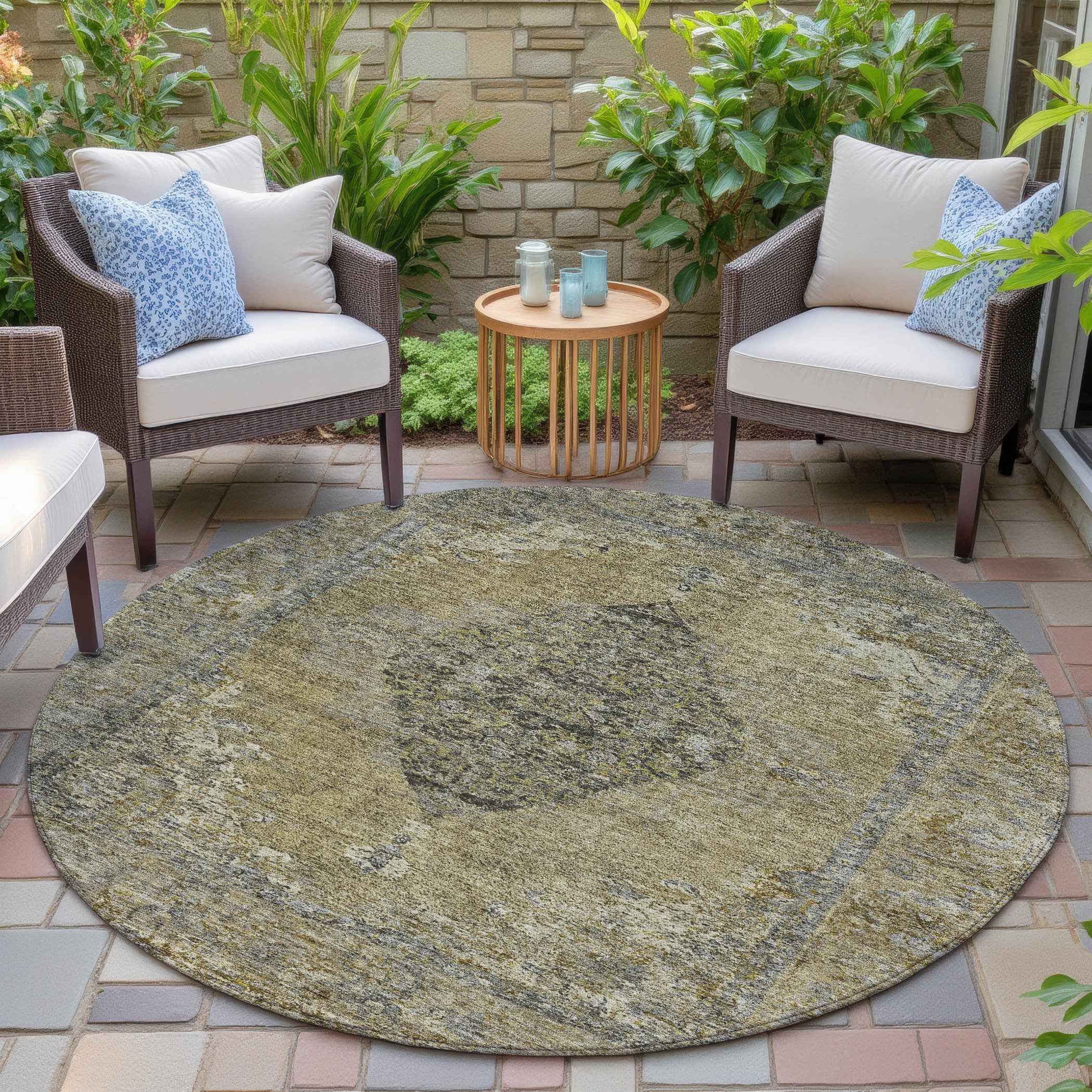 8' Khaki And Beige Round Medallion Washable Indoor Outdoor Area Rug