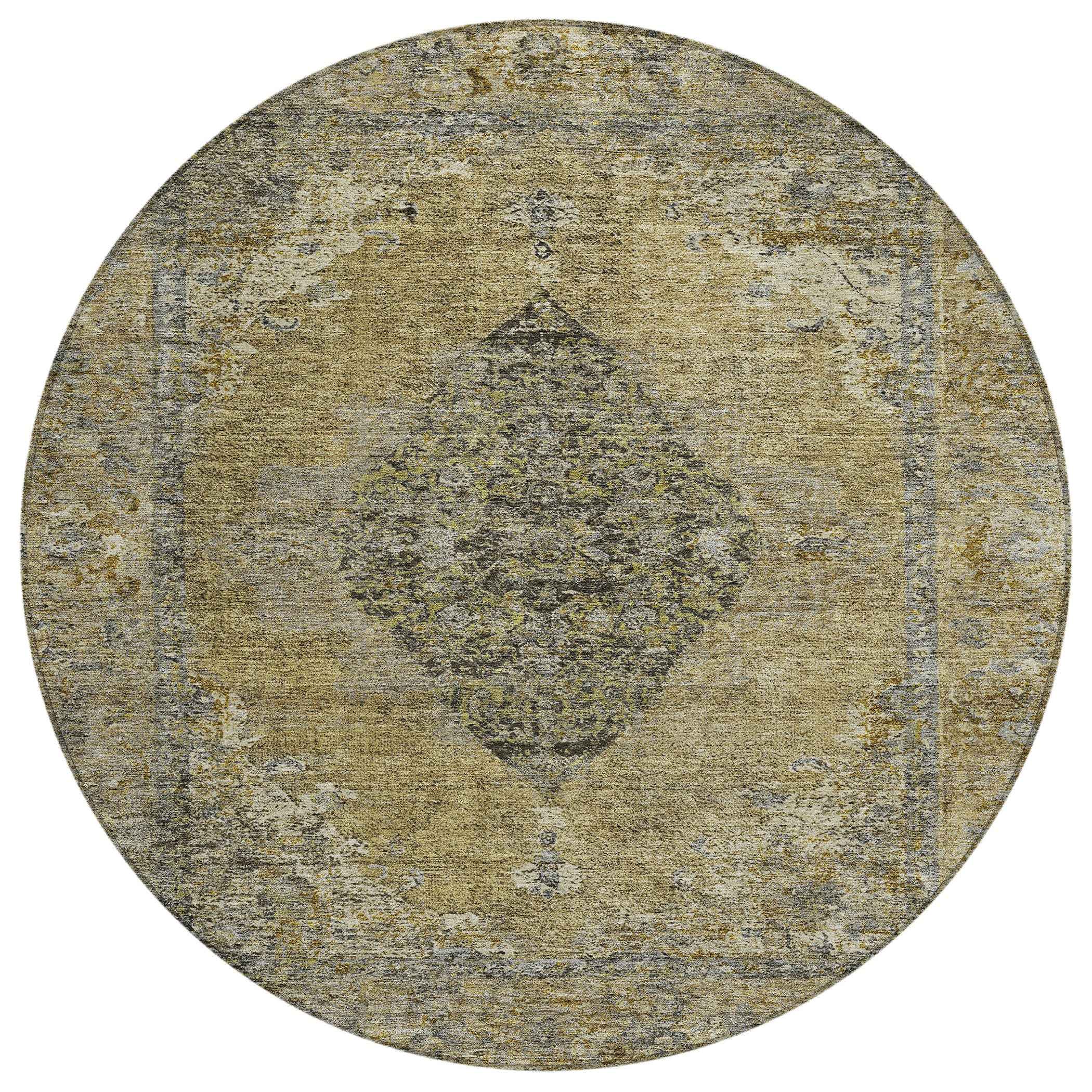 8' Khaki And Beige Round Medallion Washable Indoor Outdoor Area Rug