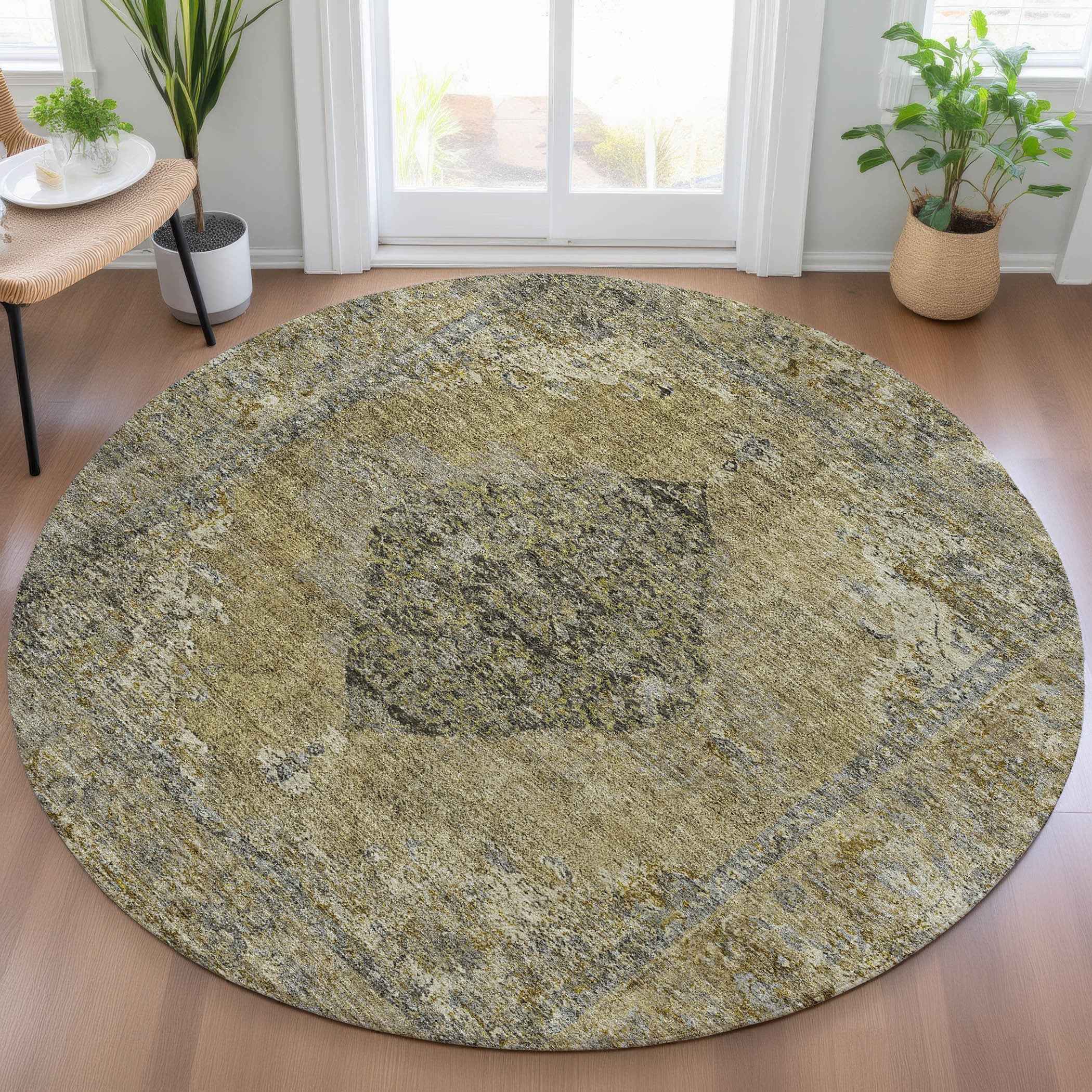 8' Khaki And Beige Round Medallion Washable Indoor Outdoor Area Rug