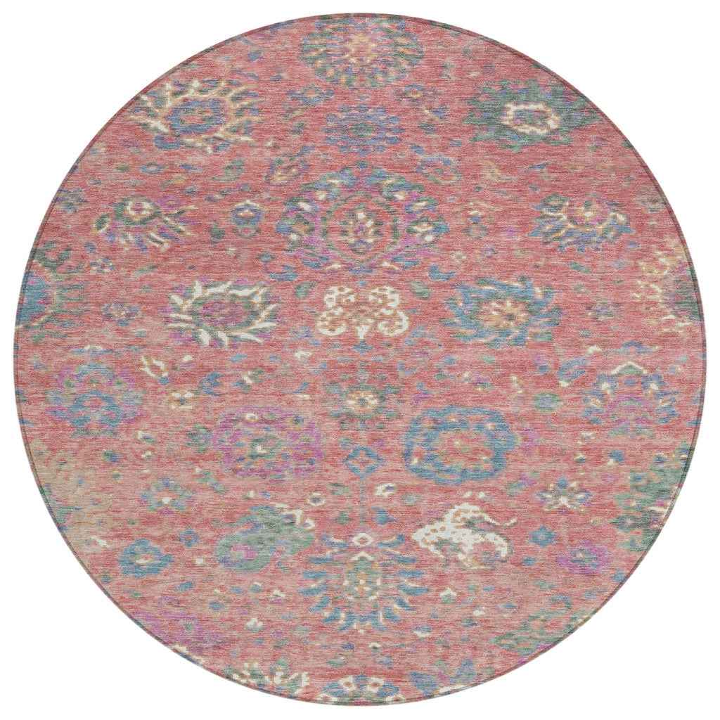 8' Coral Plum And Blue Round Floral Washable Indoor Outdoor Area Rug