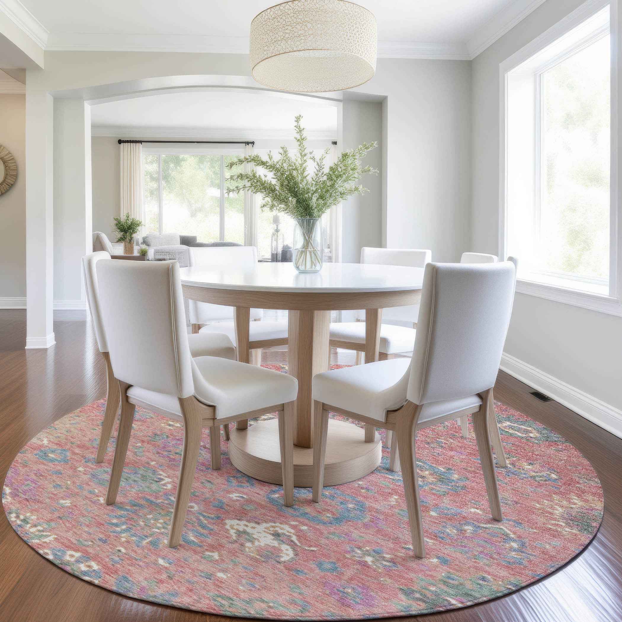 8' Coral Plum And Blue Round Floral Washable Indoor Outdoor Area Rug