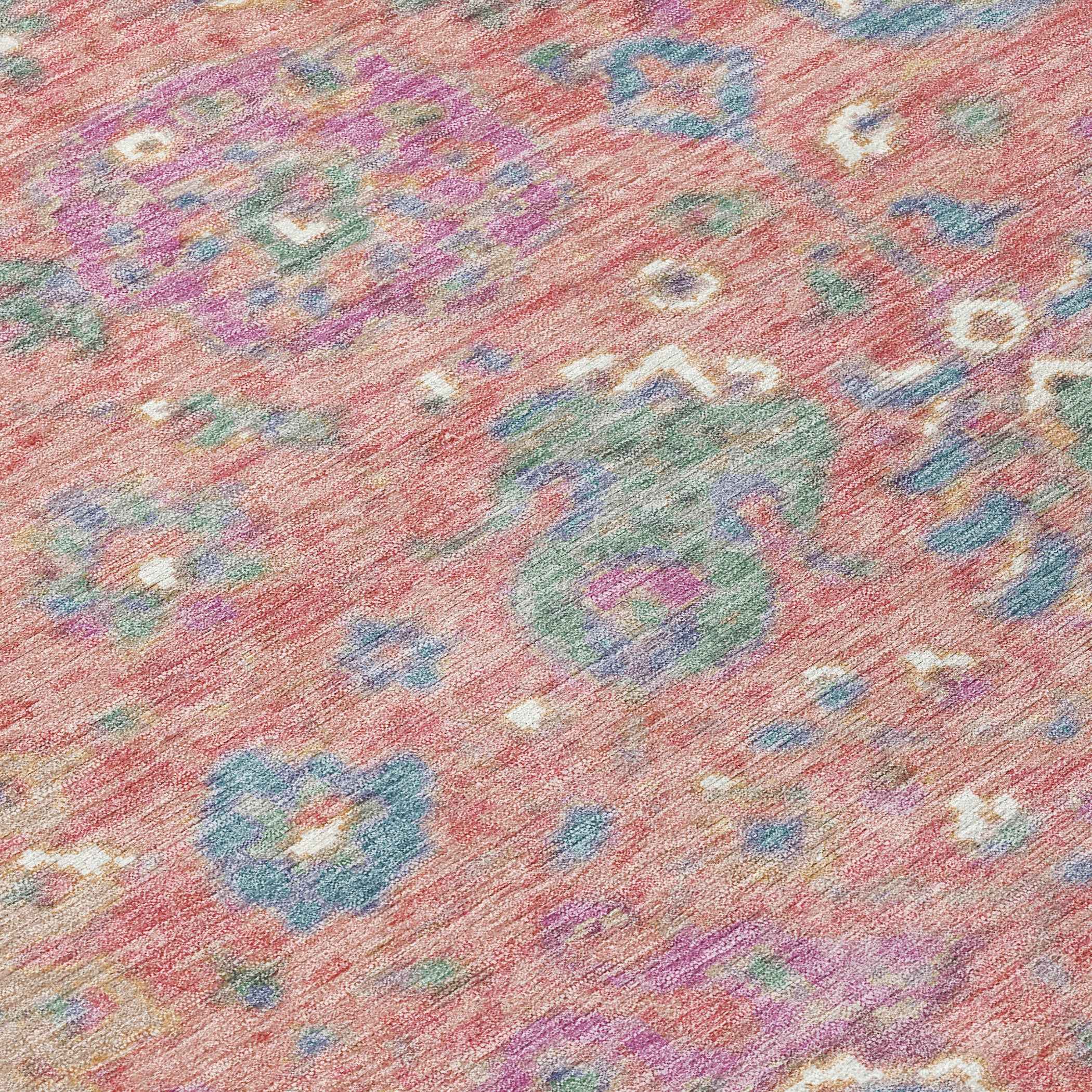 8' Coral Plum And Blue Round Floral Washable Indoor Outdoor Area Rug