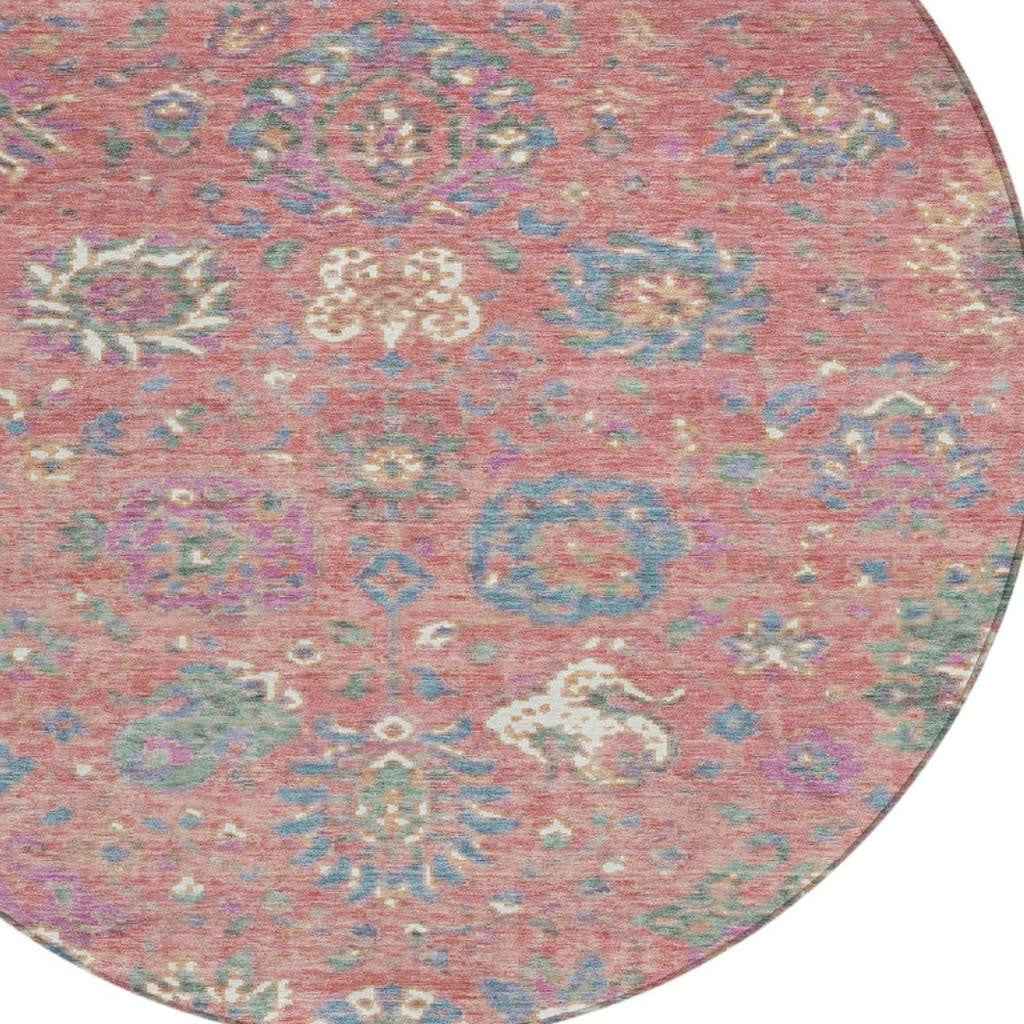 8' Coral Plum And Blue Round Floral Washable Indoor Outdoor Area Rug