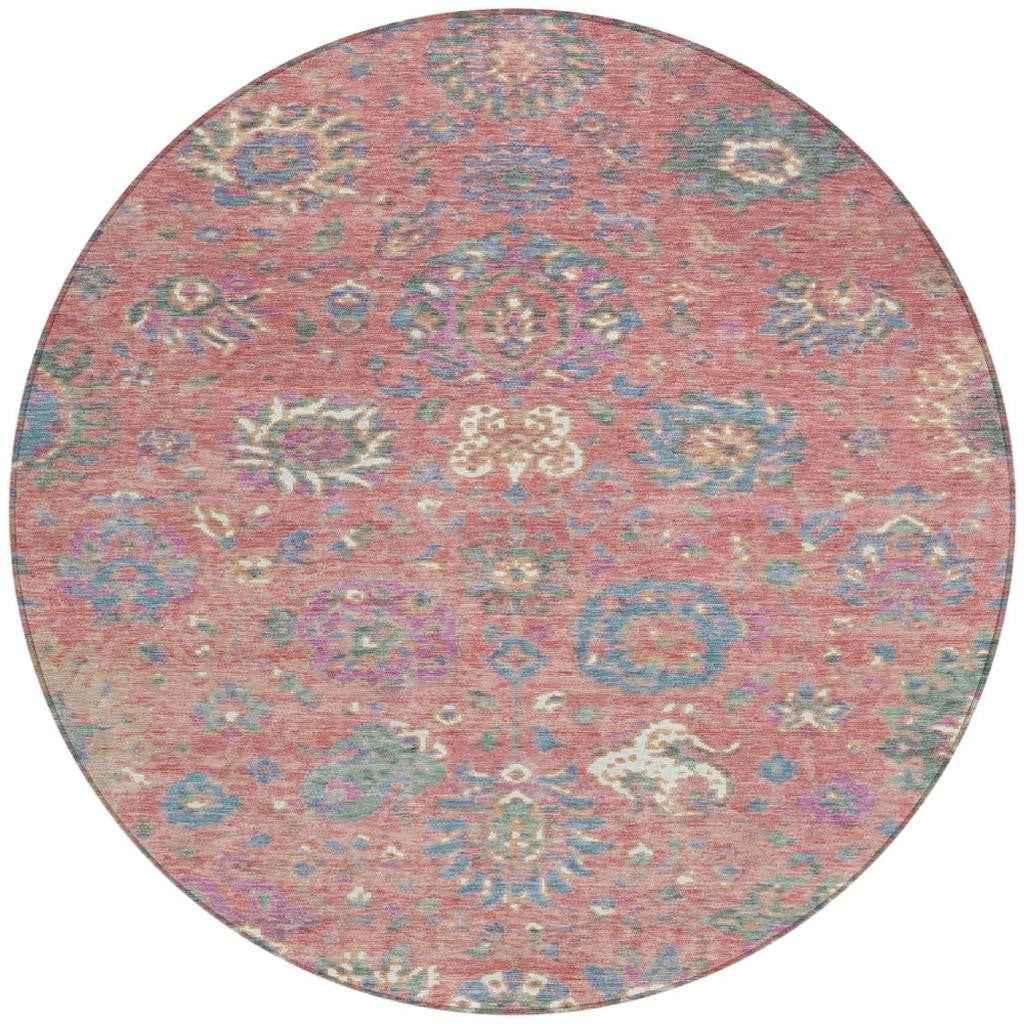 8' Coral Plum And Blue Round Floral Washable Indoor Outdoor Area Rug