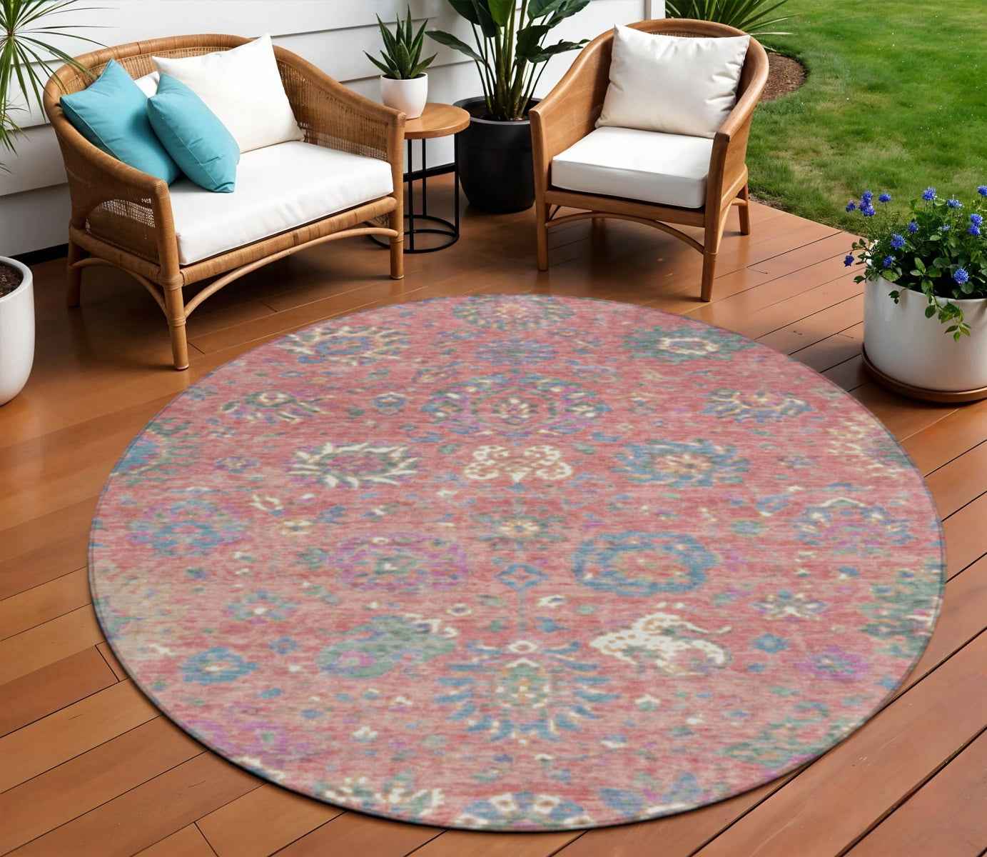 8' Coral Plum And Blue Round Floral Washable Indoor Outdoor Area Rug