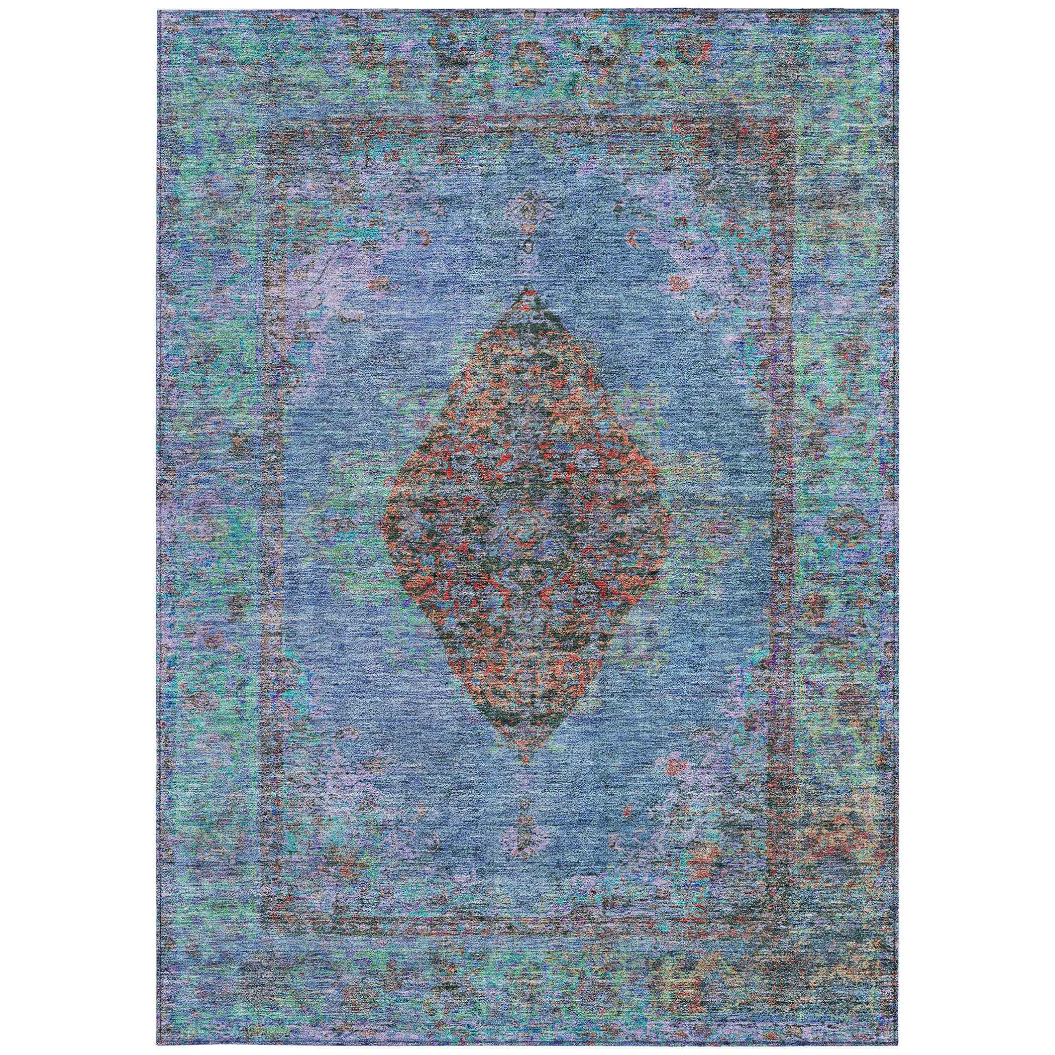 5' X 8' Blue And Rust Medallion Washable Indoor Outdoor Area Rug