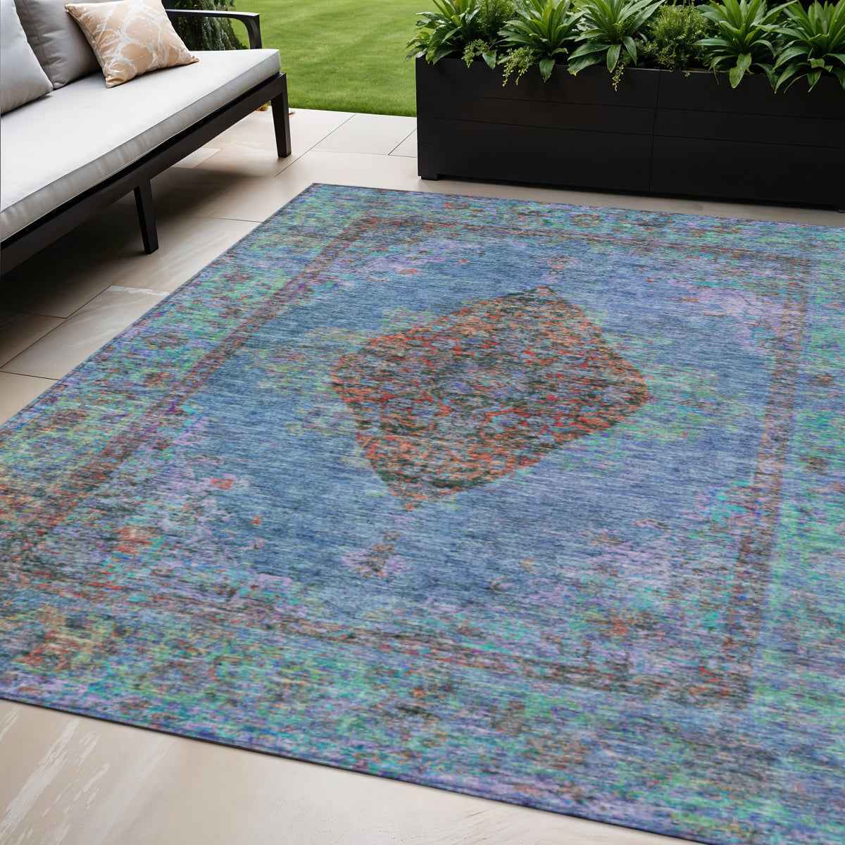 5' X 8' Blue And Rust Medallion Washable Indoor Outdoor Area Rug
