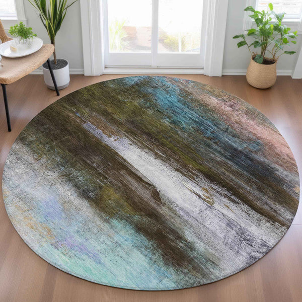 8' Brown Teal Blue And Blush Round Abstract Washable Indoor Outdoor Area Rug Default Title