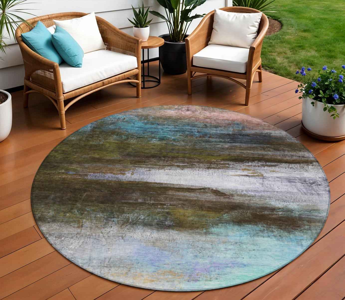 8' Brown Teal Blue And Blush Round Abstract Washable Indoor Outdoor Area Rug