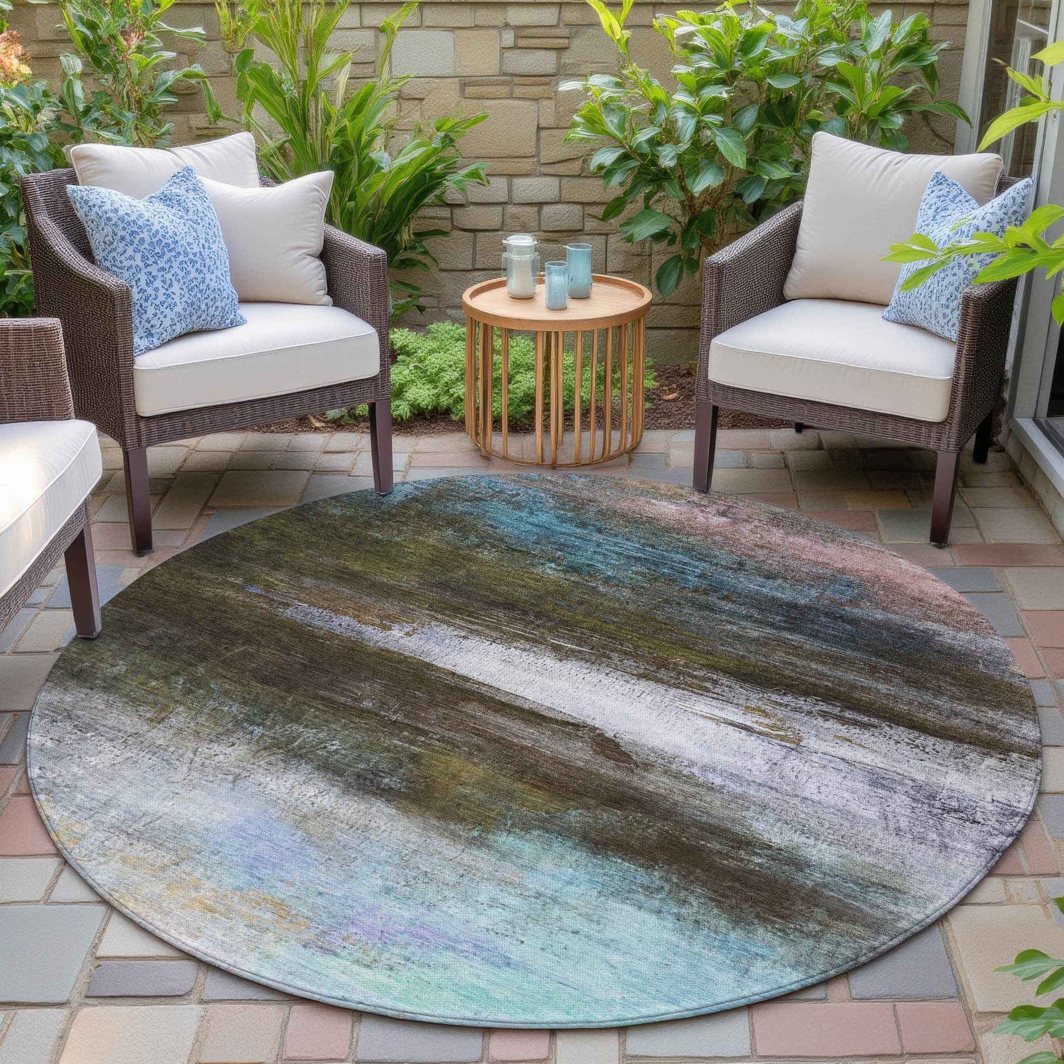 8' Brown Teal Blue And Blush Round Abstract Washable Indoor Outdoor Area Rug