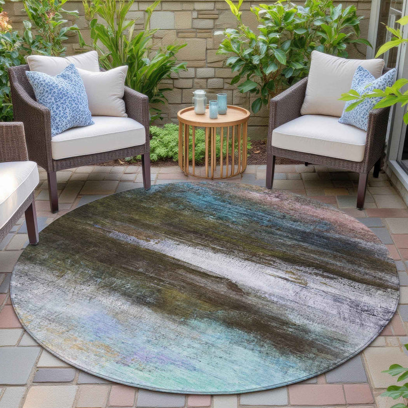 8' Brown Teal Blue And Blush Round Abstract Washable Indoor Outdoor Area Rug