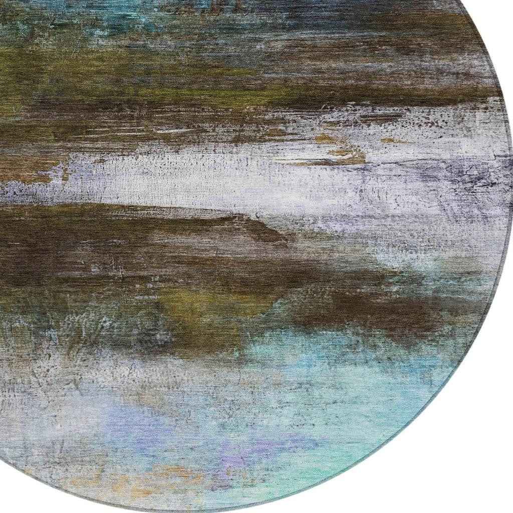 8' Brown Teal Blue And Blush Round Abstract Washable Indoor Outdoor Area Rug