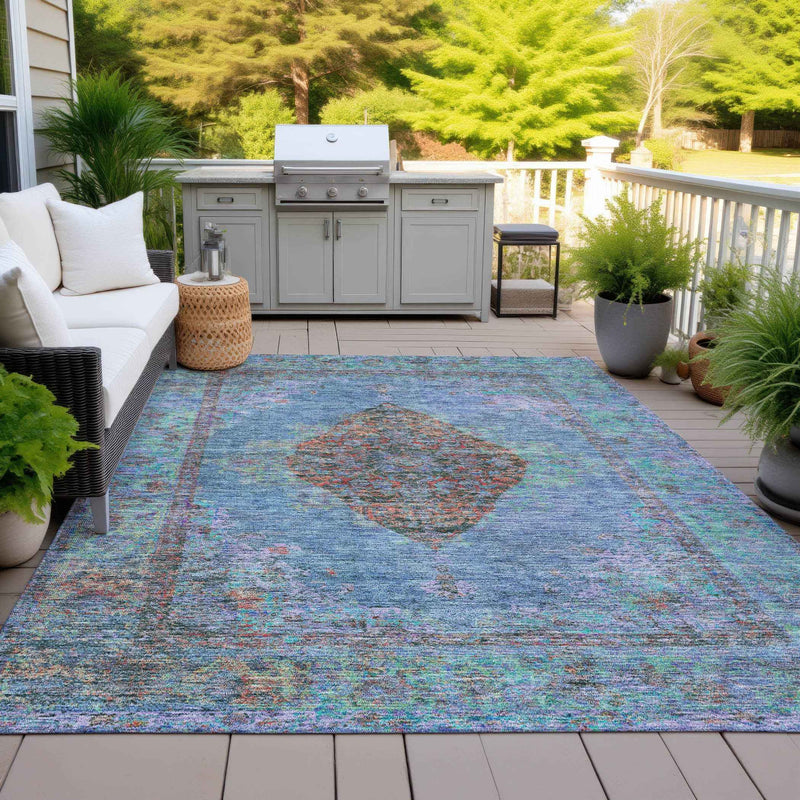 5' X 8' Blue And Rust Medallion Washable Indoor Outdoor Area Rug