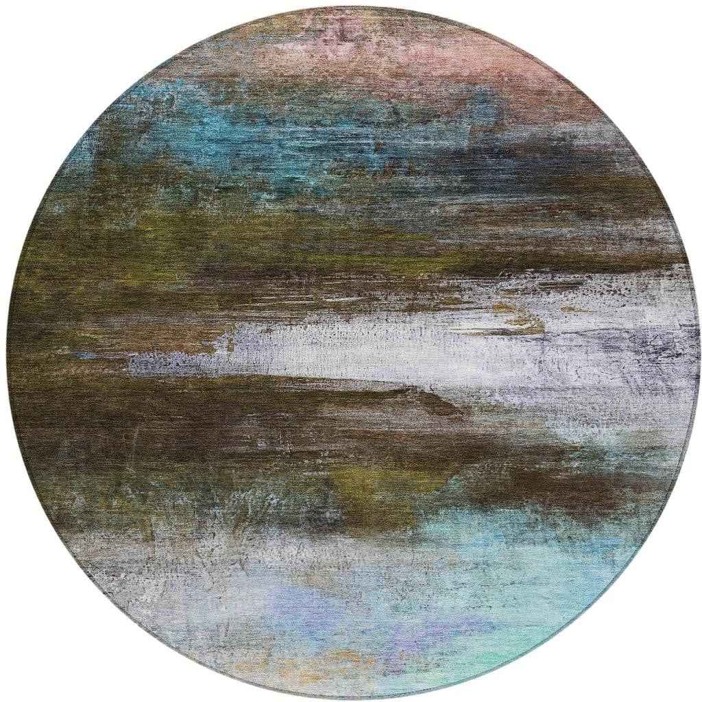 8' Brown Teal Blue And Blush Round Abstract Washable Indoor Outdoor Area Rug
