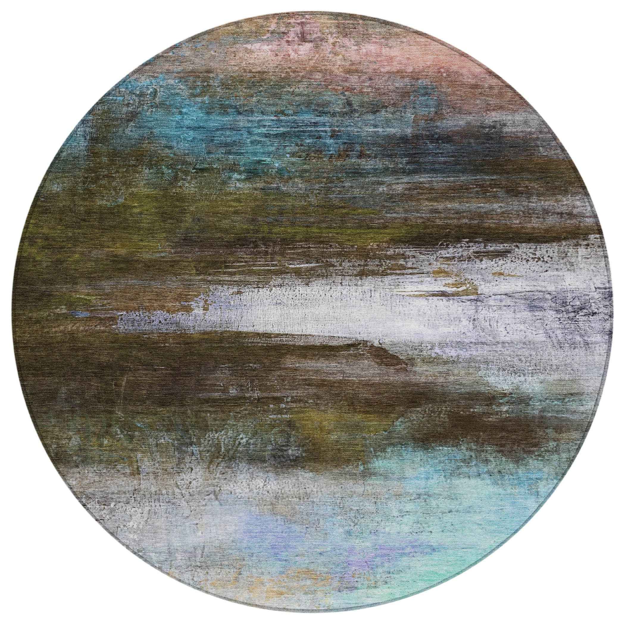 8' Brown Teal Blue And Blush Round Abstract Washable Indoor Outdoor Area Rug