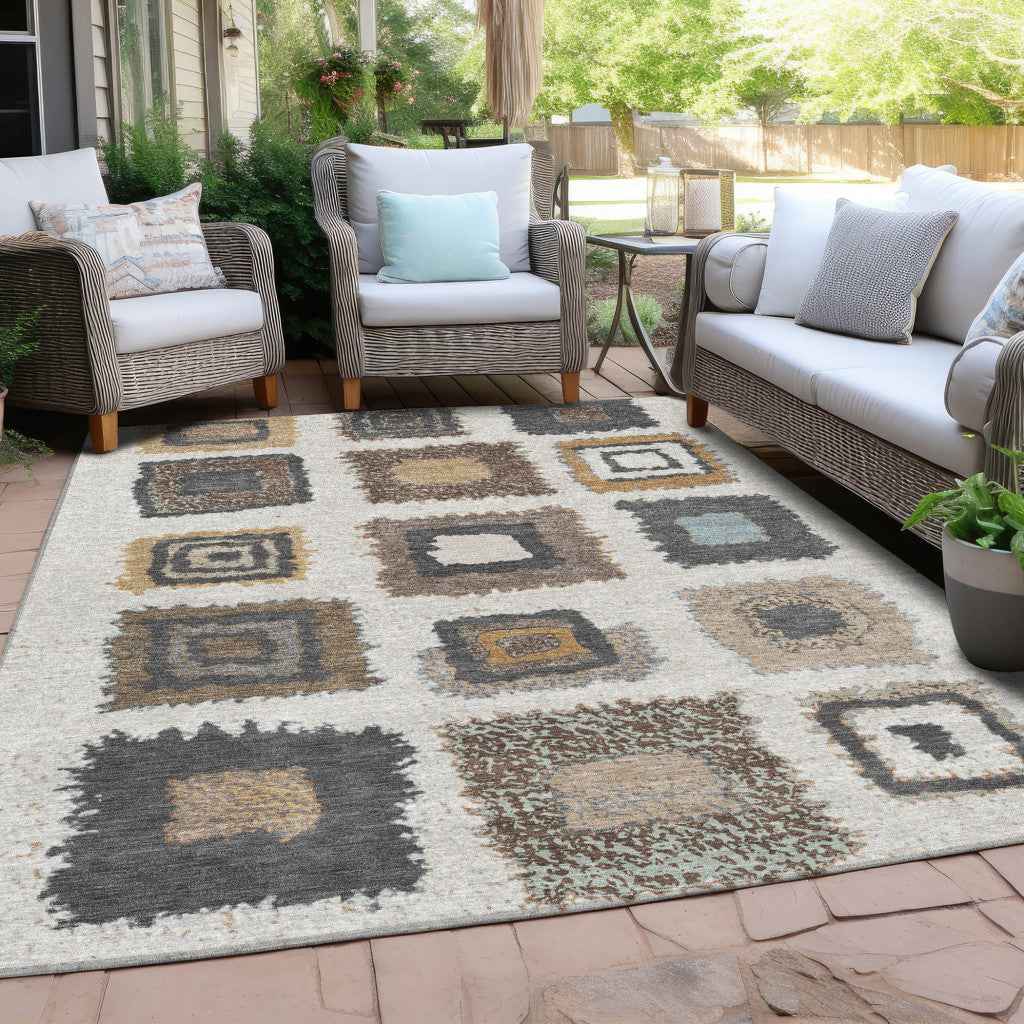 3' X 5' Ivory Charcoal And Gold Geometric Washable Indoor Outdoor Area Rug