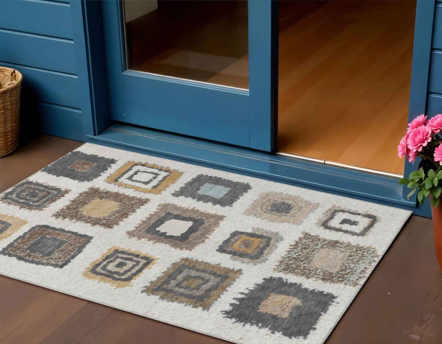 3' X 5' Ivory Charcoal And Gold Geometric Washable Indoor Outdoor Area Rug