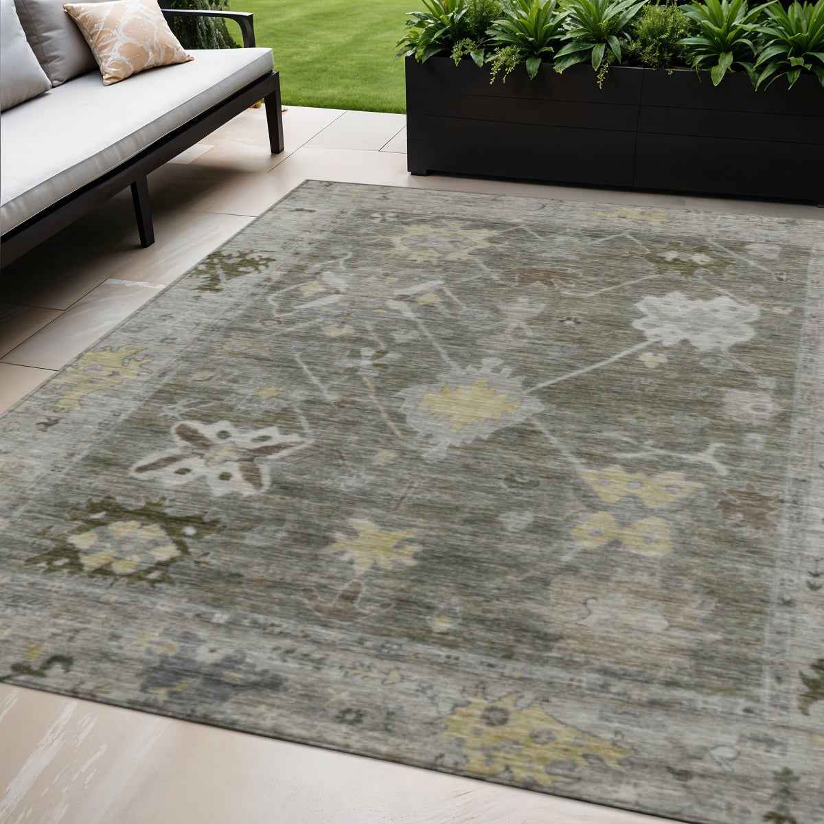 5' X 8' Pewter And Gold Tribal Washable Indoor Outdoor Area Rug