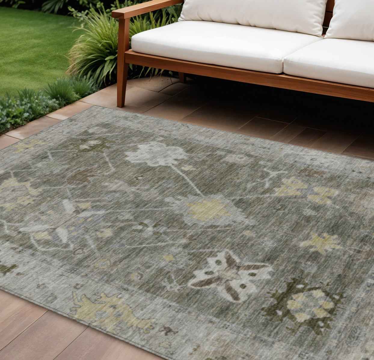 10' X 14' Pewter And Gold Tribal Washable Indoor Outdoor Area Rug