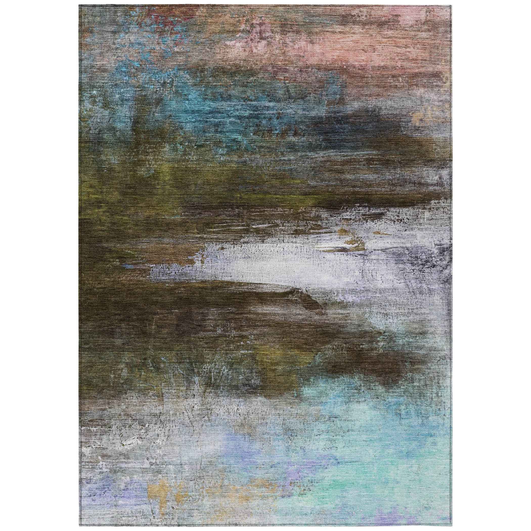 10' X 14' Brown Teal Blue And Blush Abstract Washable Indoor Outdoor Area Rug