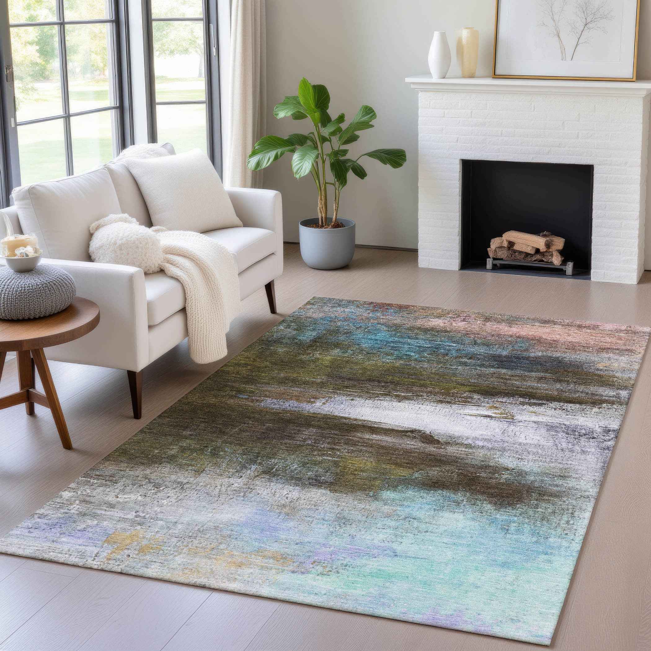 10' X 14' Brown Teal Blue And Blush Abstract Washable Indoor Outdoor Area Rug