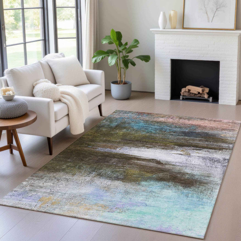 10' X 14' Brown Teal Blue And Blush Abstract Washable Indoor Outdoor Area Rug