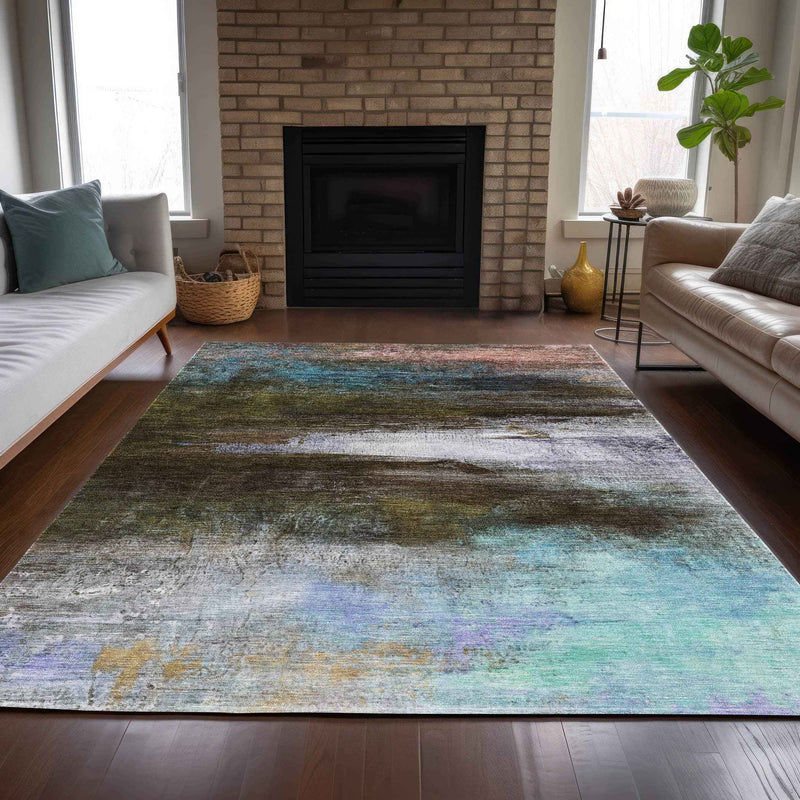 10' X 14' Brown Teal Blue And Blush Abstract Washable Indoor Outdoor Area Rug