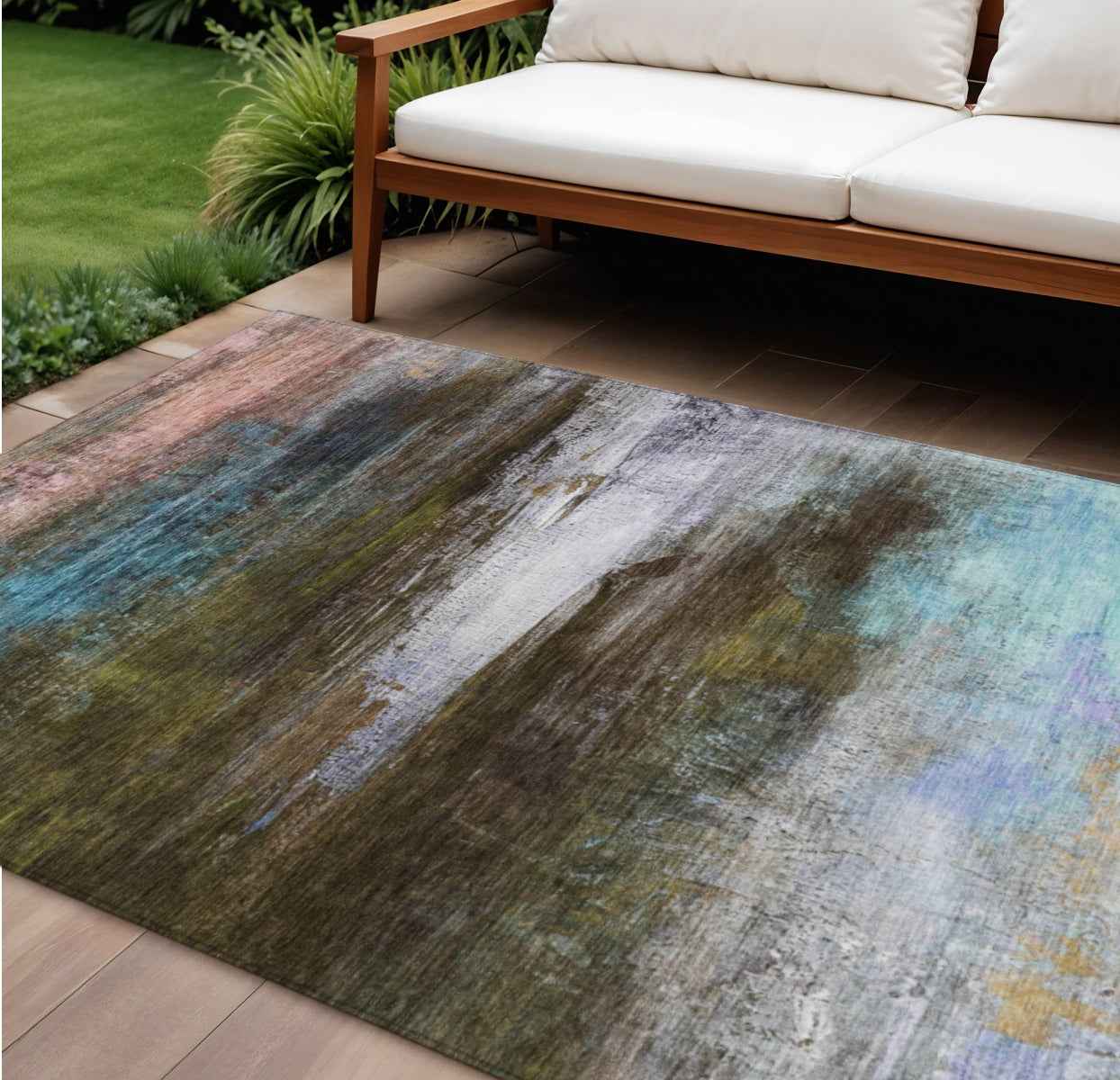 10' X 14' Brown Teal Blue And Blush Abstract Washable Indoor Outdoor Area Rug