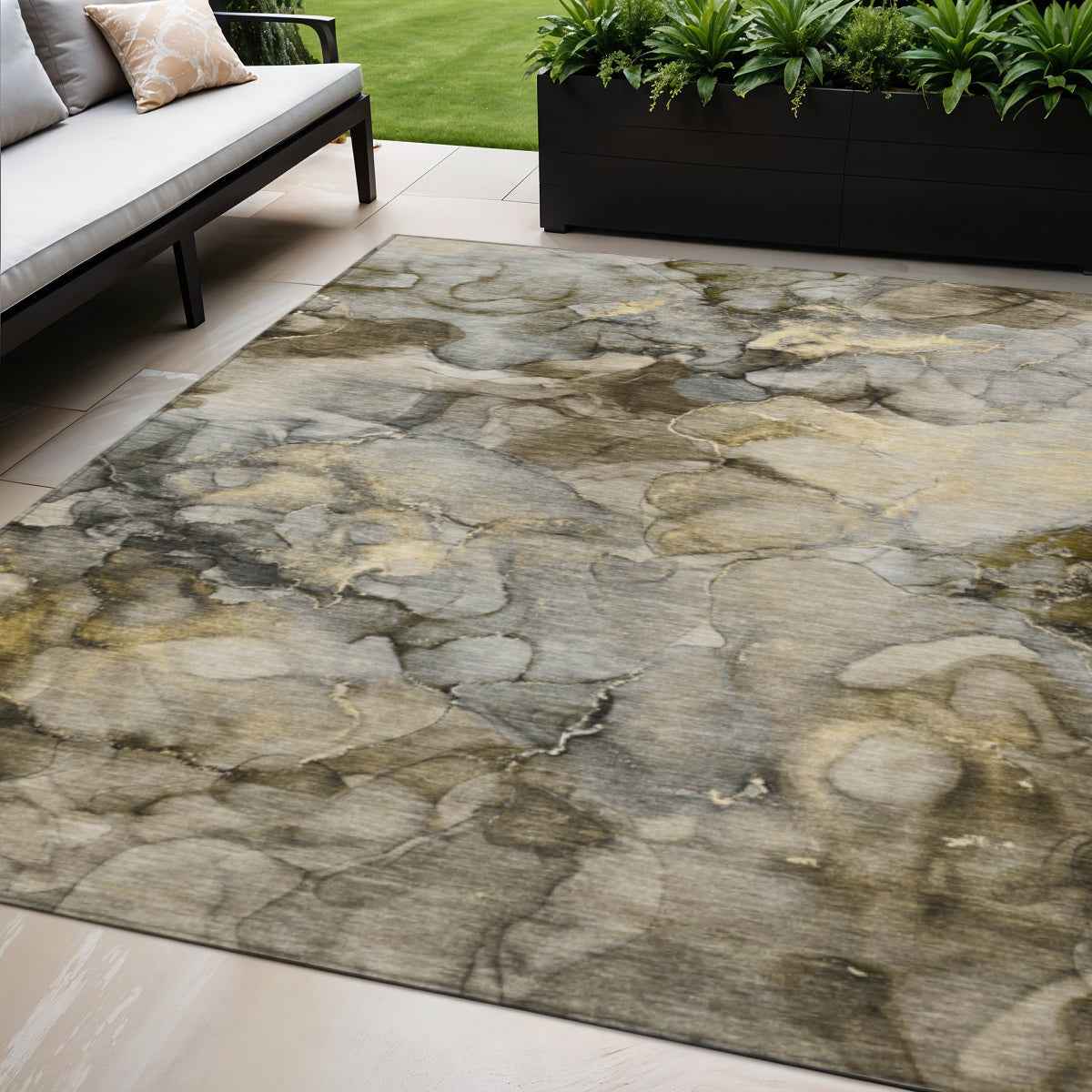 5' X 8' Pewter And Gold Abstract Washable Indoor Outdoor Area Rug