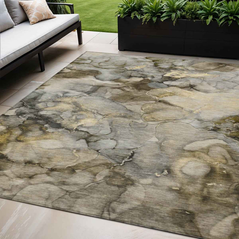 5' X 8' Pewter And Gold Abstract Washable Indoor Outdoor Area Rug