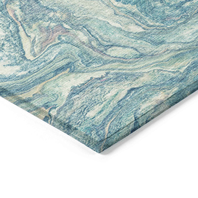 8' X 10' Teal Blue And Ivory Abstract Washable Indoor Outdoor Area Rug