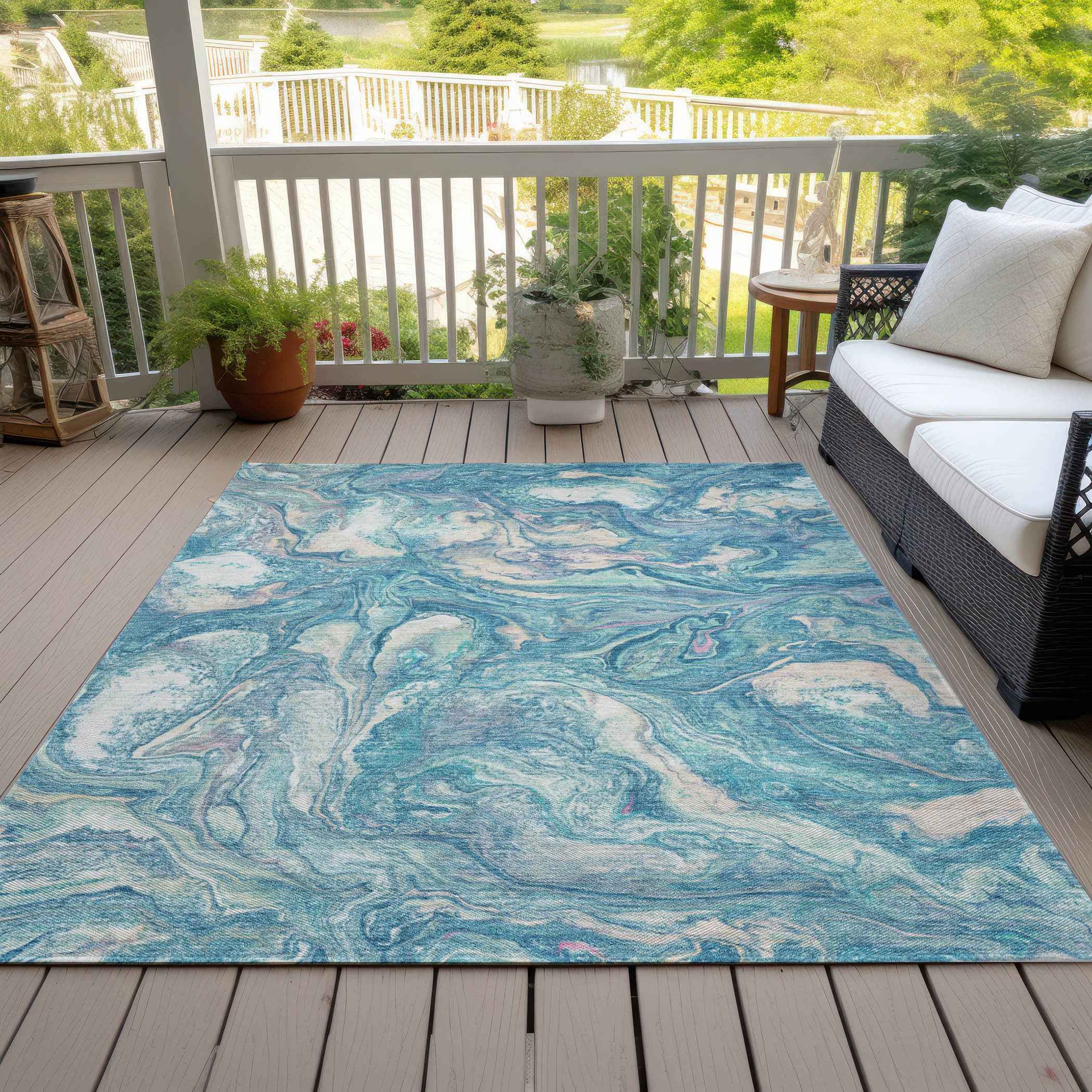 8' X 10' Teal Blue And Ivory Abstract Washable Indoor Outdoor Area Rug