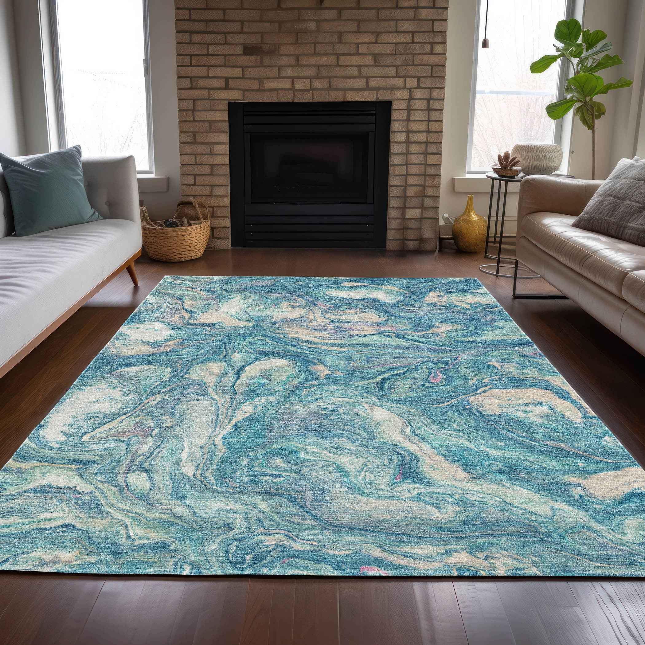 8' X 10' Teal Blue And Ivory Abstract Washable Indoor Outdoor Area Rug