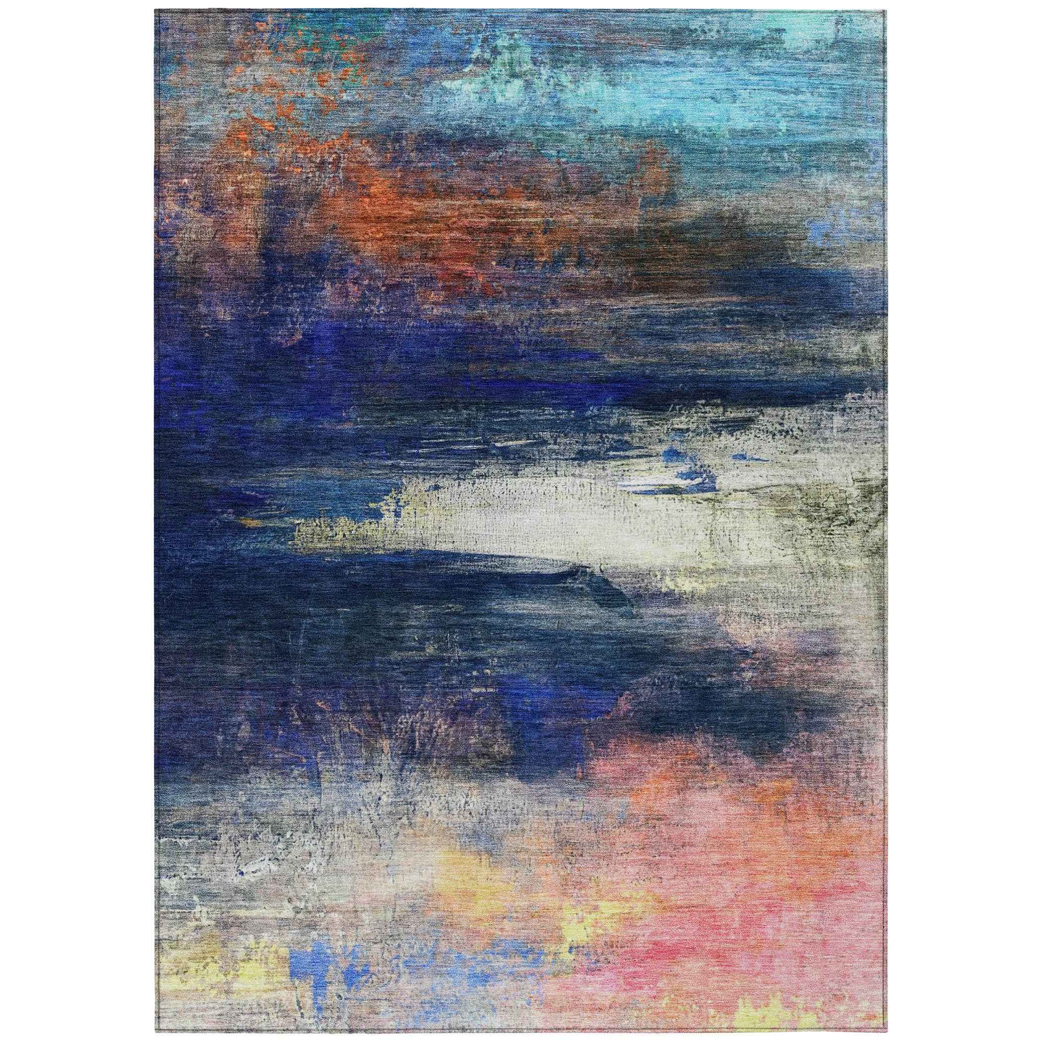 8' X 10' Blue Rust And Pink Abstract Washable Indoor Outdoor Area Rug